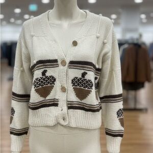 SALE! Leon Levin Women's Acorn Patterned Cardigan Sweater Cream + Brown